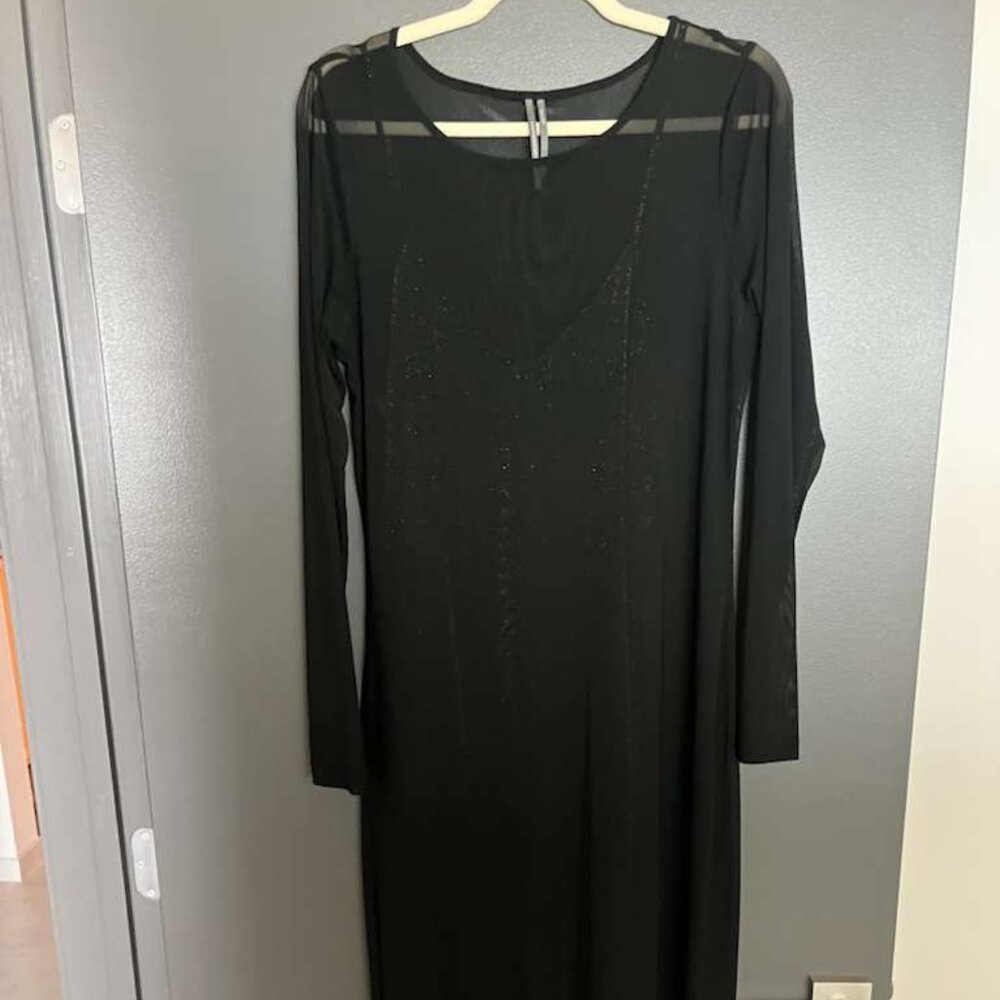 Anthropologie Black Sheer Mesh Midi Dress with Sparkly Slip